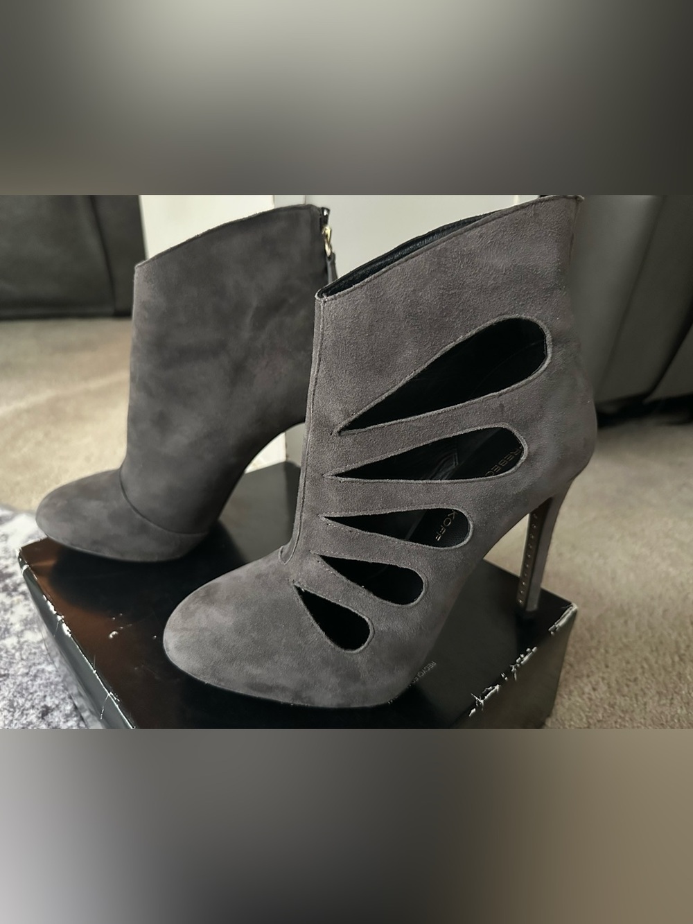 Rebecca Minkoff Gray Suede Cutout Stiletto Ankle Boots